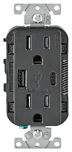 Leviton Decora USB Type-A and Type-C charger with 15A tamper-resistant outlet in Black (T5633-E)
