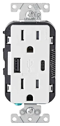 Leviton Decora USB Type-A and Type-C charger with 15A tamper-resistant outlet in White (T5633-W)