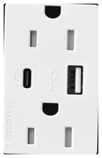 Lutron Claro USB-A and USB-C charging receptacle in Gloss White (CAR-15-ACTR-WH)